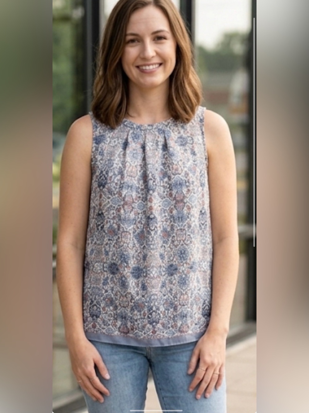 Max Studio Sleeveless Mosaic-Print Camisole in Blue and Cream